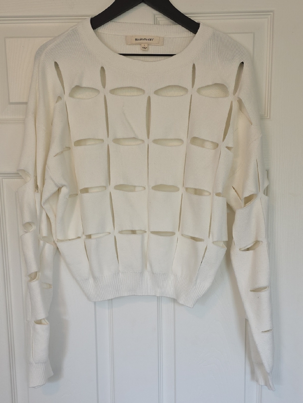 Blue Velvet White Cutout Crewneck Sweater